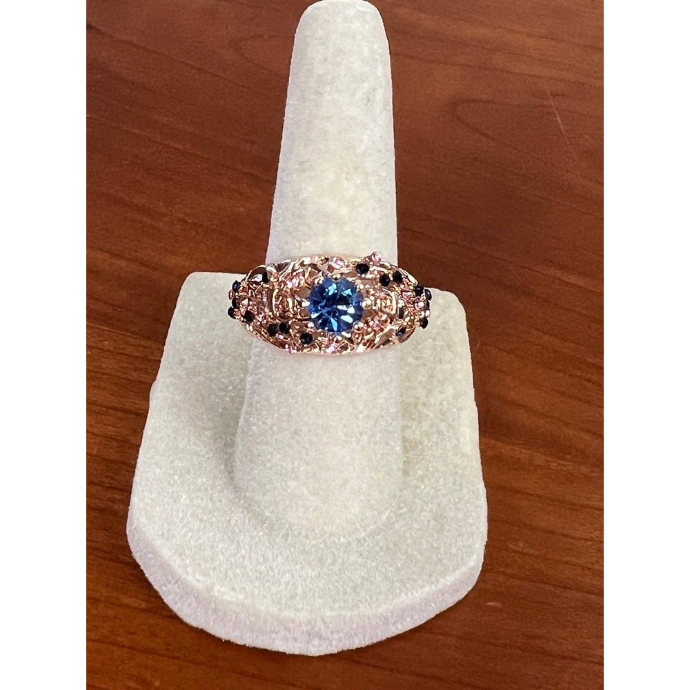 Rose Gold Over Sterling Silver Blue Pink Multi Stone Filigree Ring Size 6